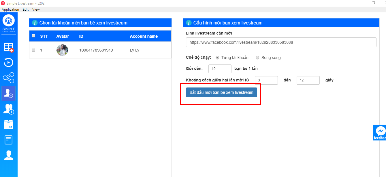 Giao diện phần mềm tự động mời bận bè xem live