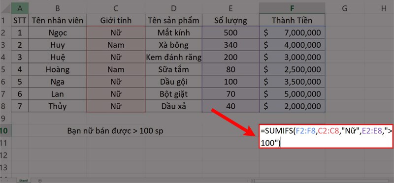 SUMIFS hàm thường dùng trong excel