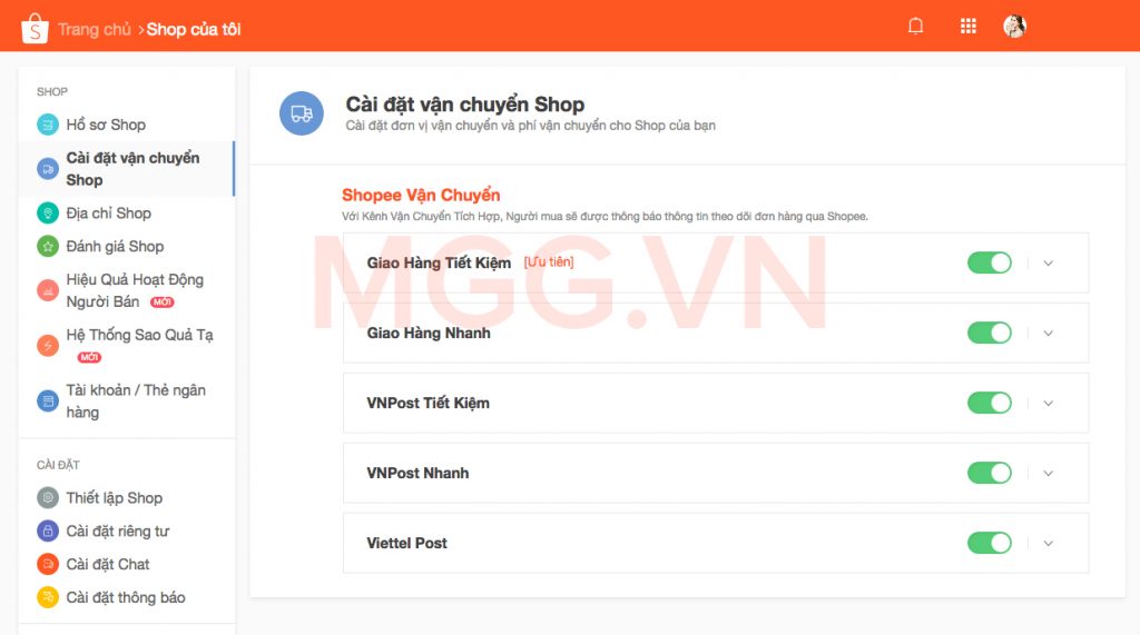 Cài đặt vận chuyển Shop trên Shopee.vn