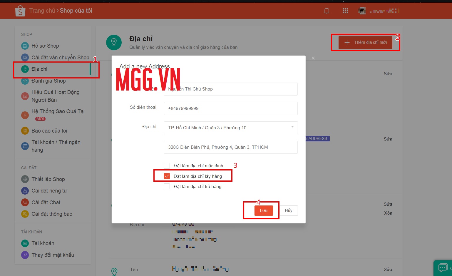 Đặt địa chỉ lấy hàng Shopee