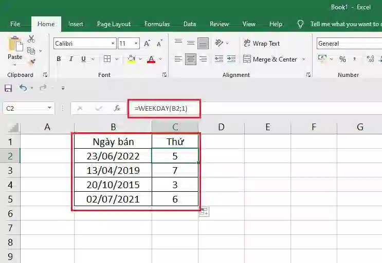 hàm WEEKDAY trong excel sheets