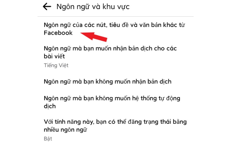 "Ngôn ngữ của các nút, tiêu đề và văn bản khác từ Facebook".