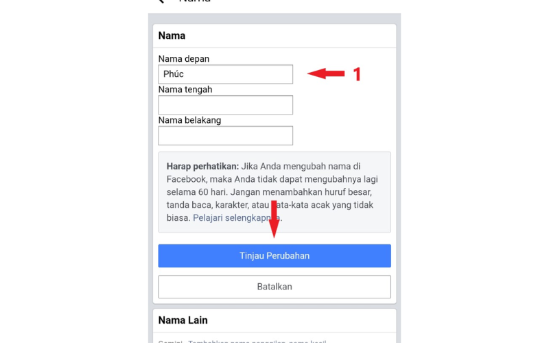 Nhập tên một chữ bạn muốn vào mục "Nama depan" (Tên).