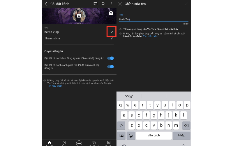 Nhập tên mới cho kênh của bạn và nhấn "Lưu".