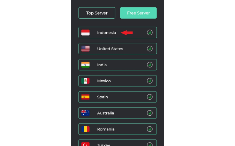 Chọn server ở Indonesia và kết nối.