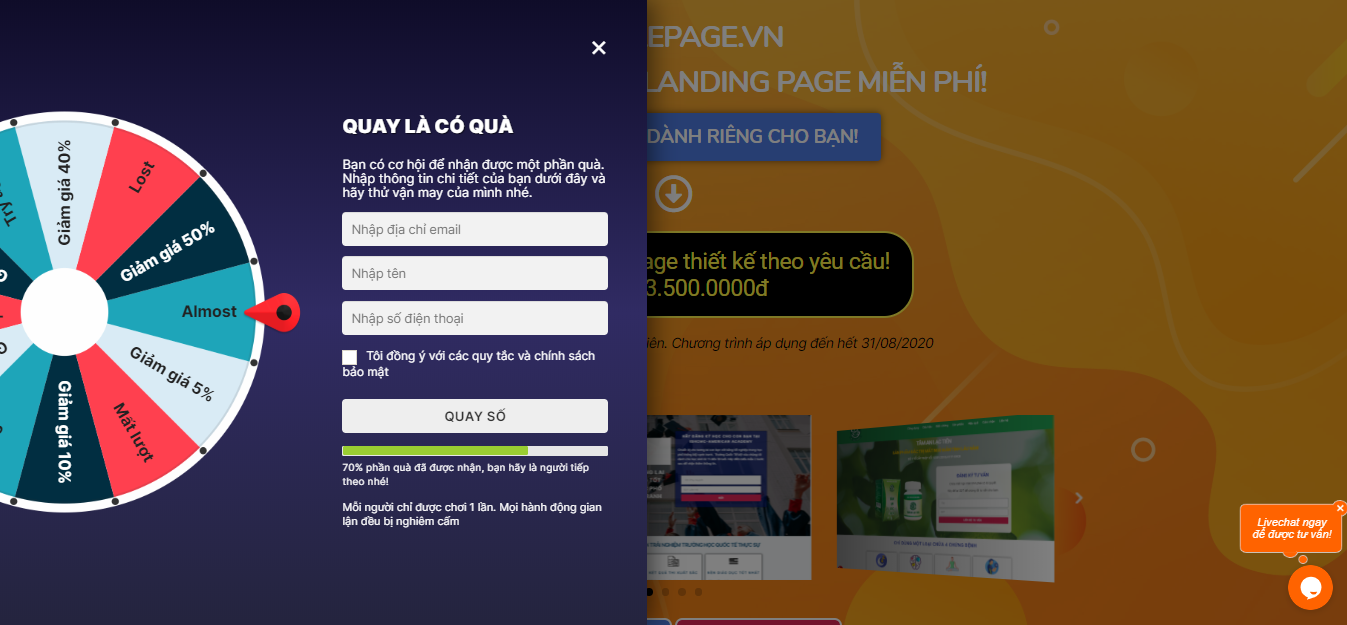 để khách hàng chơi minigame khi họ vào landing page